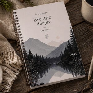 Breathe Deeply Notebook featuring a peaceful mountain lake and pine forest landscape