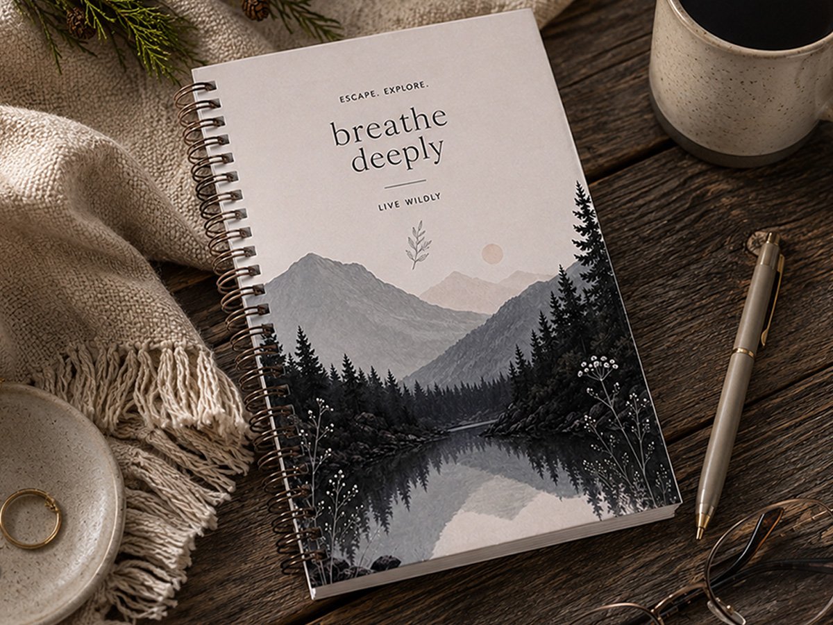Breathe Deeply Notebook featuring a peaceful mountain lake and pine forest landscape