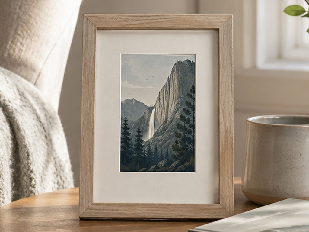 Framed 4x6 Yosemite Falls art print showing a sunlit waterfall and towering granite cliffs