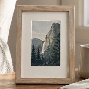 Framed 4x6 Yosemite Falls art print showing a sunlit waterfall and towering granite cliffs