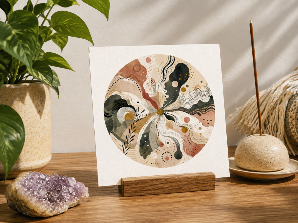 Trailhead Drishti Card, a 3x3 abstract circular artwork featuring flowing organic lines, earthy green, terracotta, cream, charcoal, and golden tones.