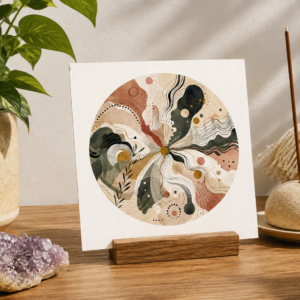 Trailhead Drishti Card, a 3x3 abstract circular artwork featuring flowing organic lines, earthy green, terracotta, cream, charcoal, and golden tones.