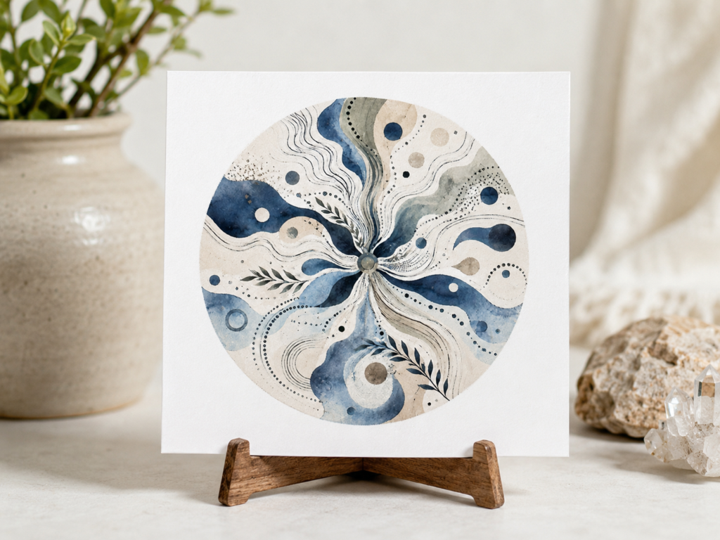 Blue Hour Drishti Card displayed on a wooden stand