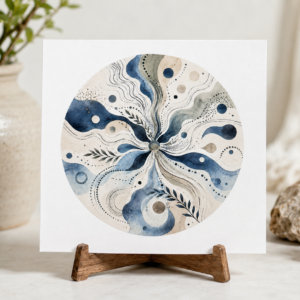 Blue Hour Drishti Card displayed on a wooden stand