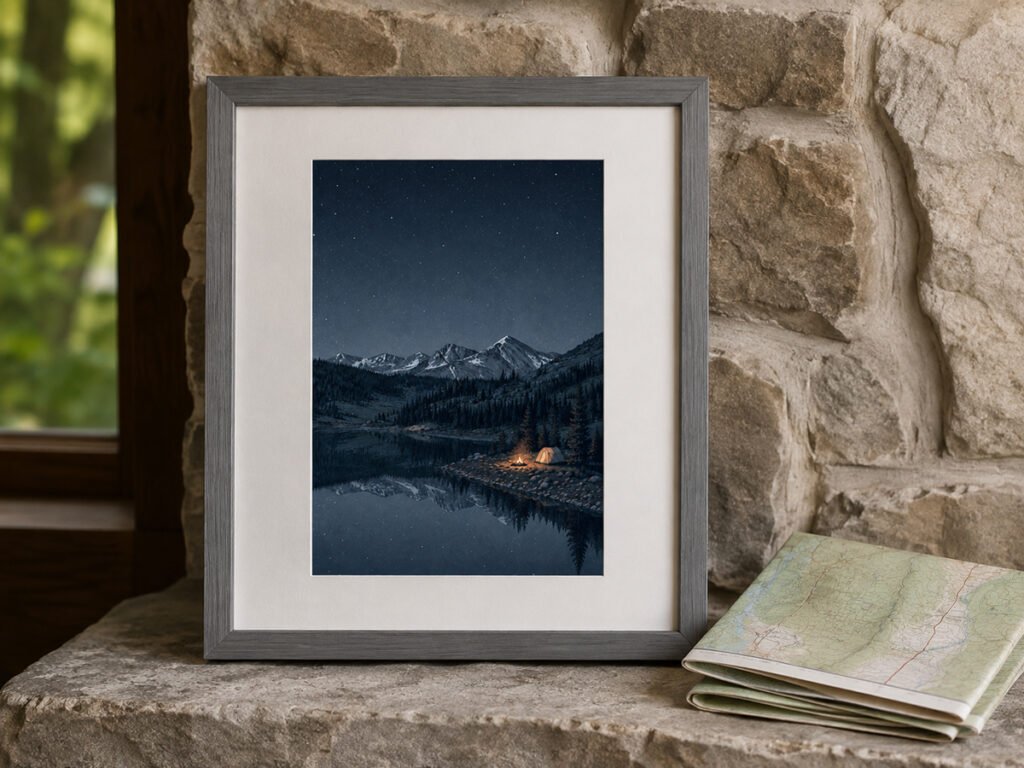 Framed mountain camping art print featuring a glowing tent beside a peaceful lake under a starry night sky