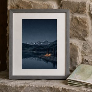 Framed mountain camping art print featuring a glowing tent beside a peaceful lake under a starry night sky