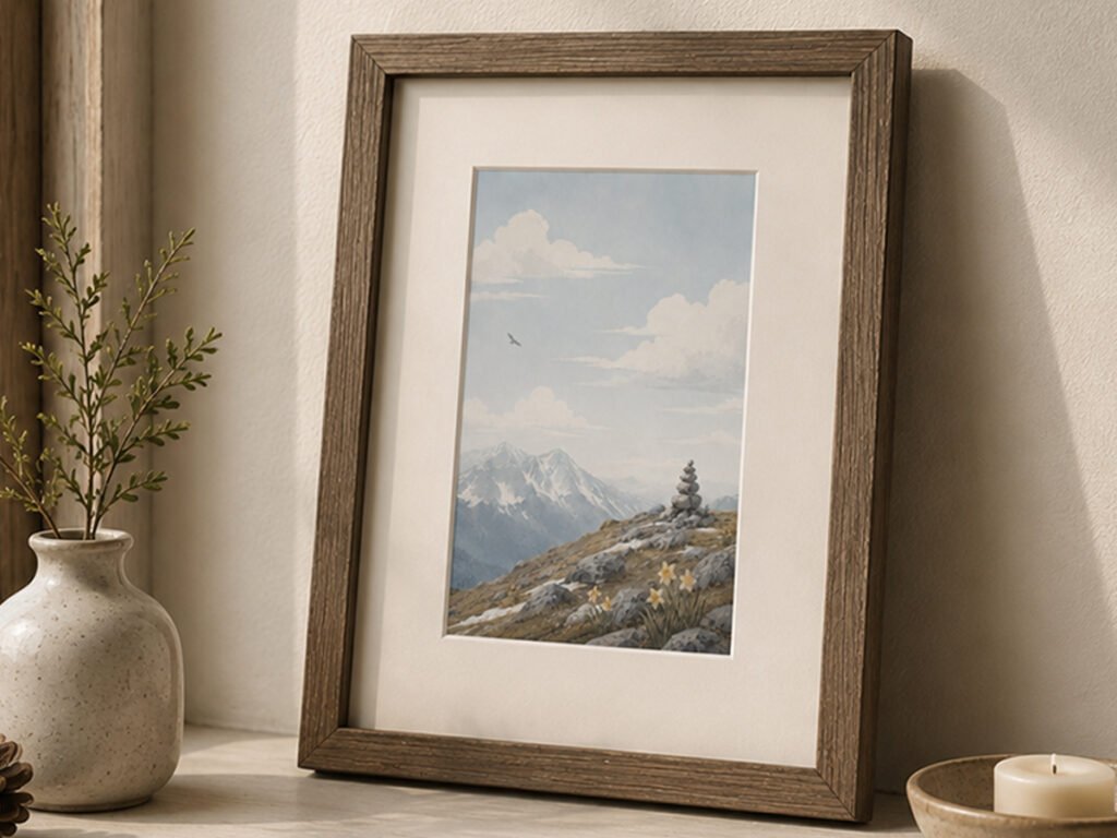 Framed Cascade Mountain art print featuring a rocky alpine landscape, mountain peak, cairn, and wildflowers.