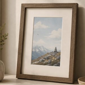 Framed Cascade Mountain art print featuring a rocky alpine landscape, mountain peak, cairn, and wildflowers.