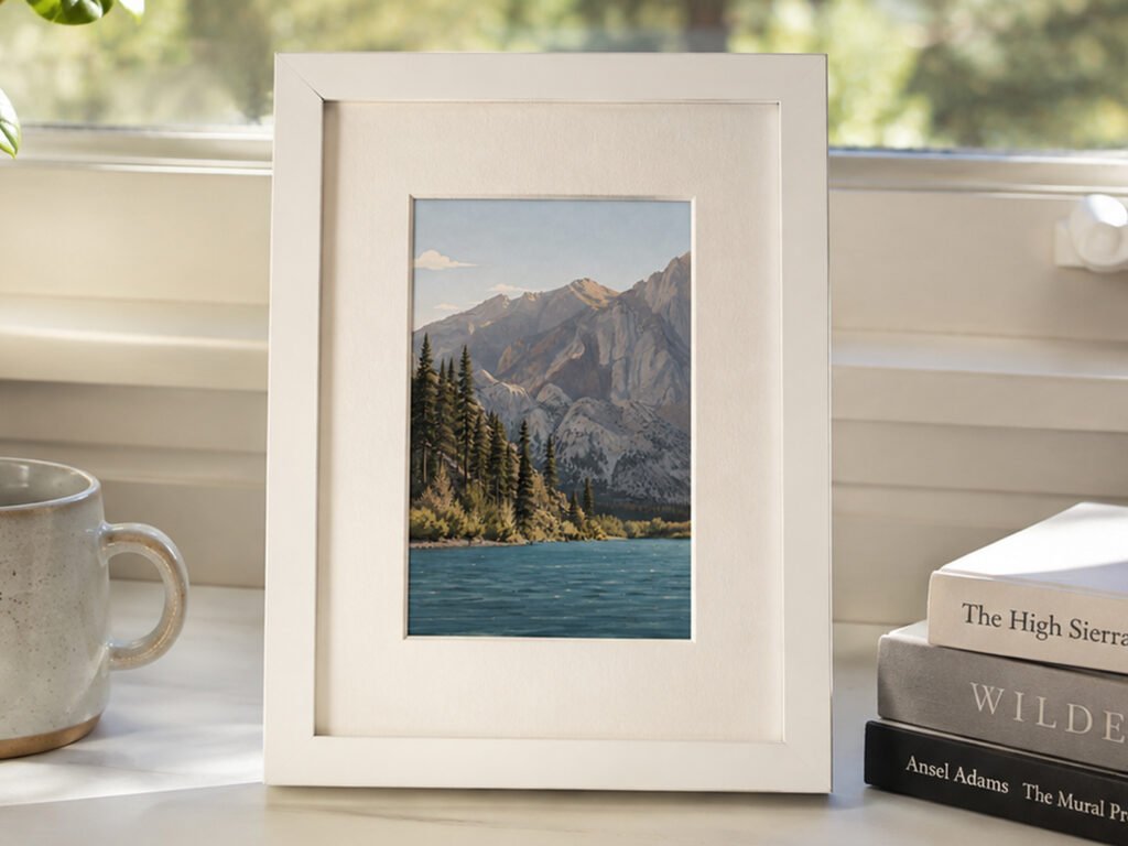 Convict Lake 4×6 art print featuring Eastern Sierra mountains, pine trees, blue alpine water, and tiny anglers