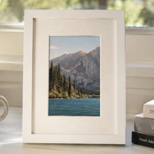 Convict Lake 4×6 art print featuring Eastern Sierra mountains, pine trees, blue alpine water, and tiny anglers