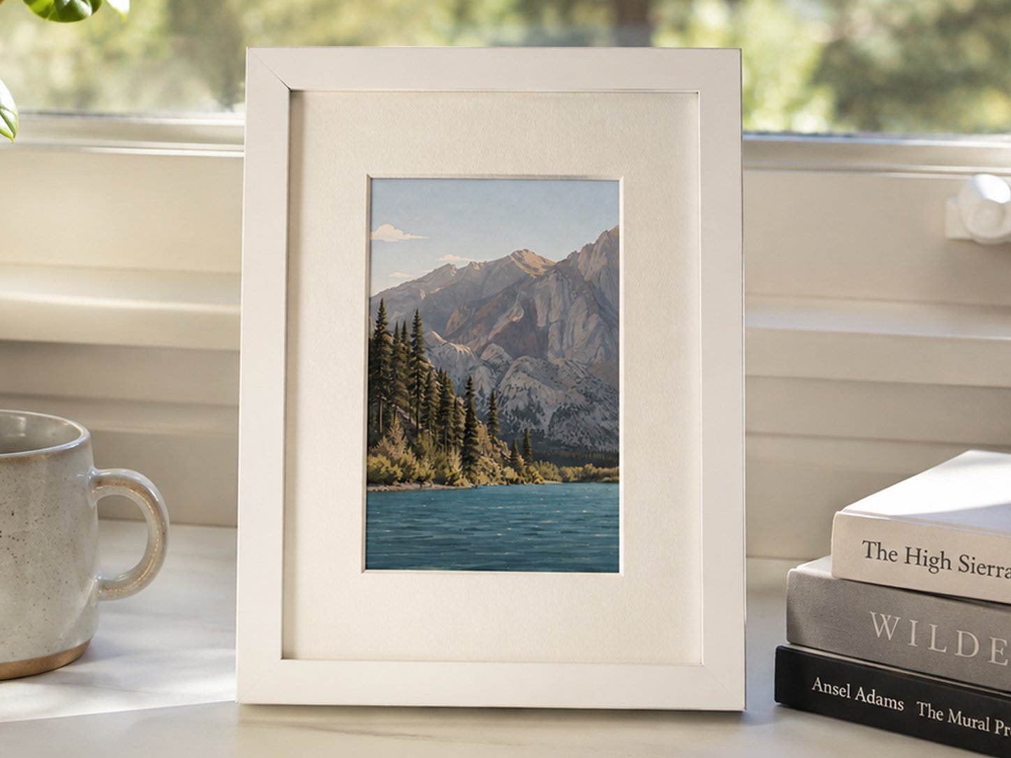 Convict Lake 4×6 art print featuring Eastern Sierra mountains, pine trees, blue alpine water, and tiny anglers