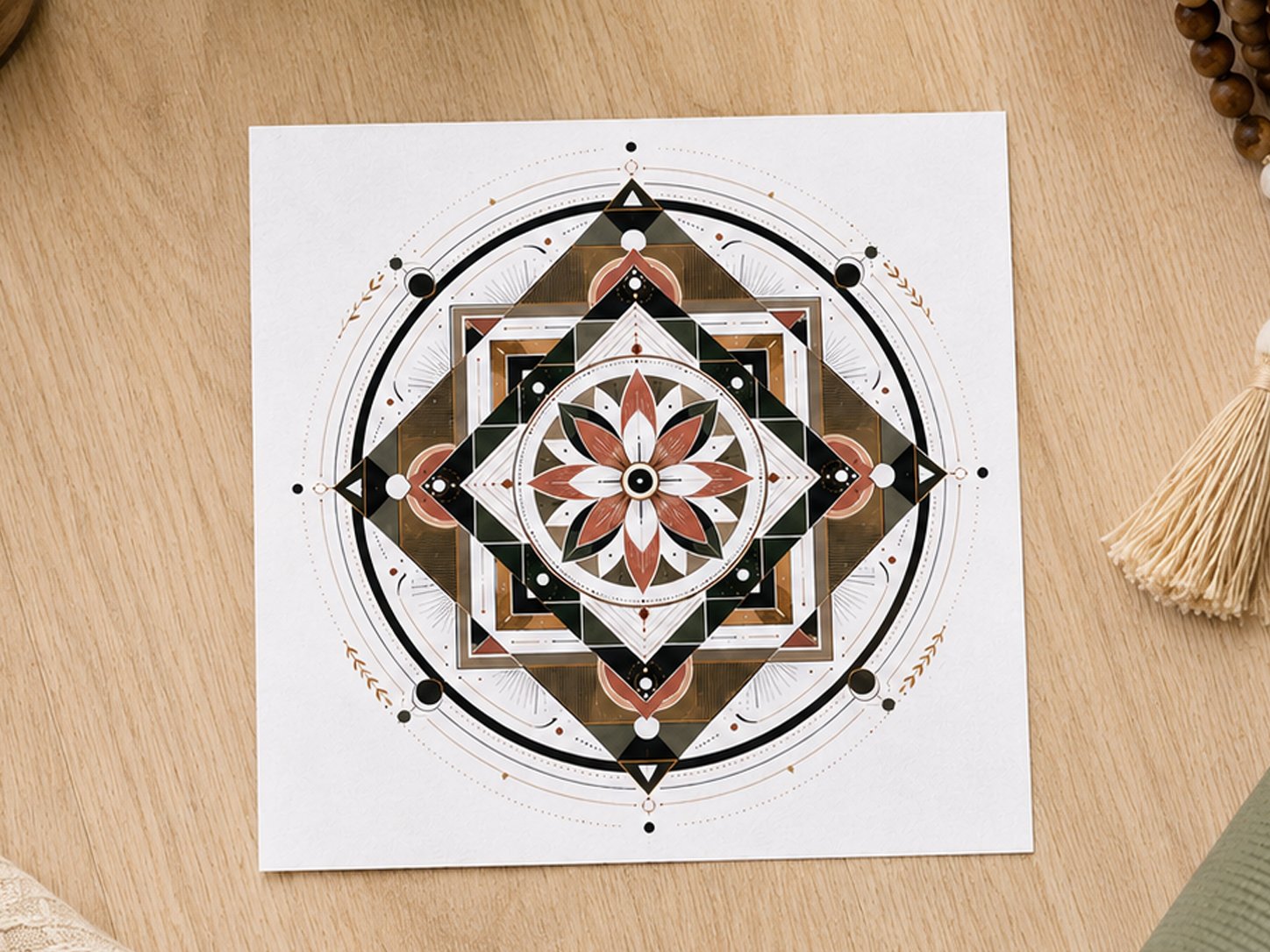 ompass Rose Drishti Card featuring geometric artwork on a wood surface