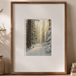 Framed winter pine forest art print displayed in a cozy woodland-inspired setting