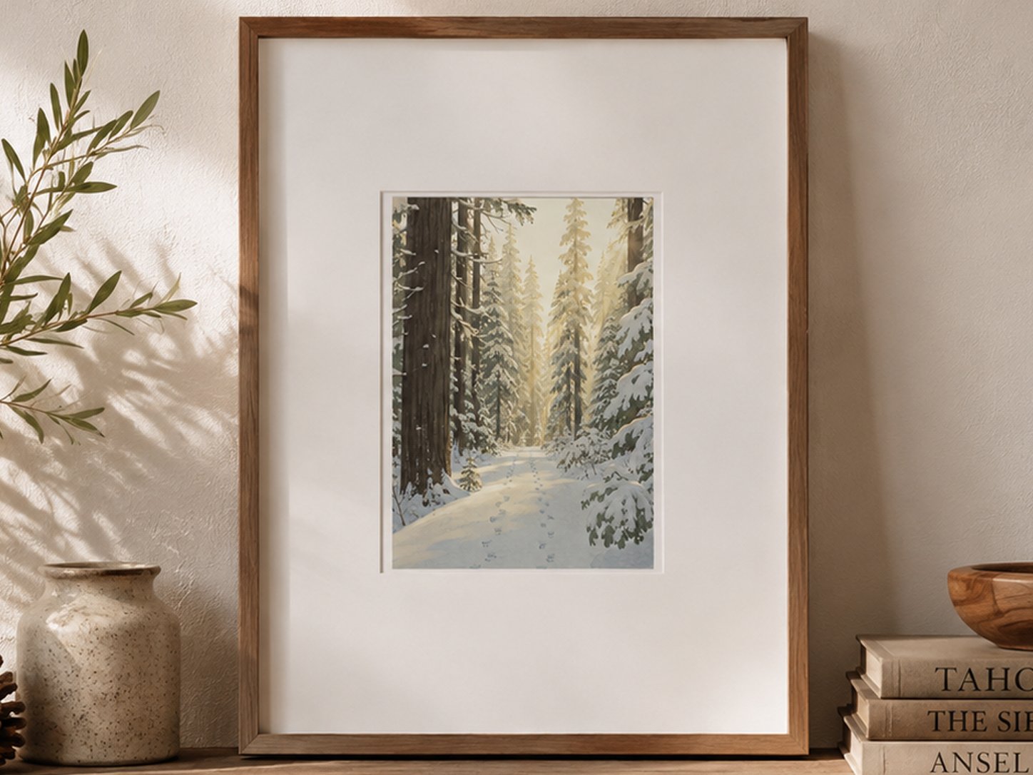 Framed winter pine forest art print displayed in a cozy woodland-inspired setting