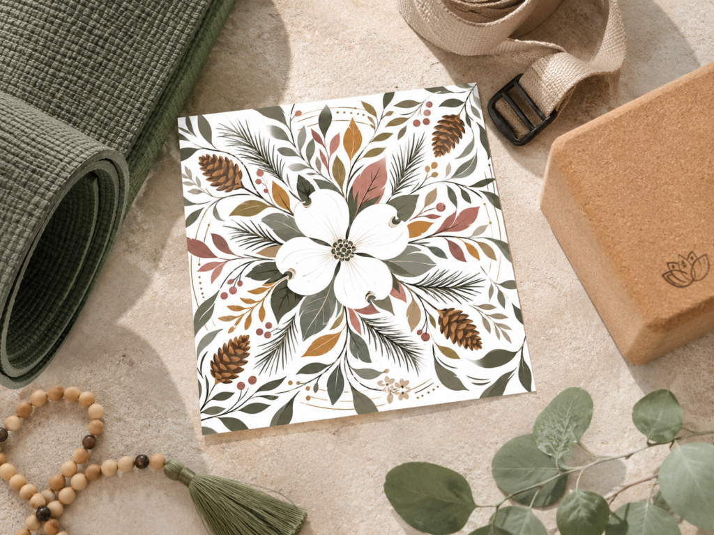 Dogwood Drishti Card displayed on a wooden stand in a peaceful natural setting