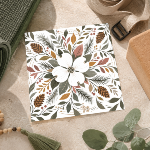 Dogwood Drishti Card displayed on a wooden stand in a peaceful natural setting