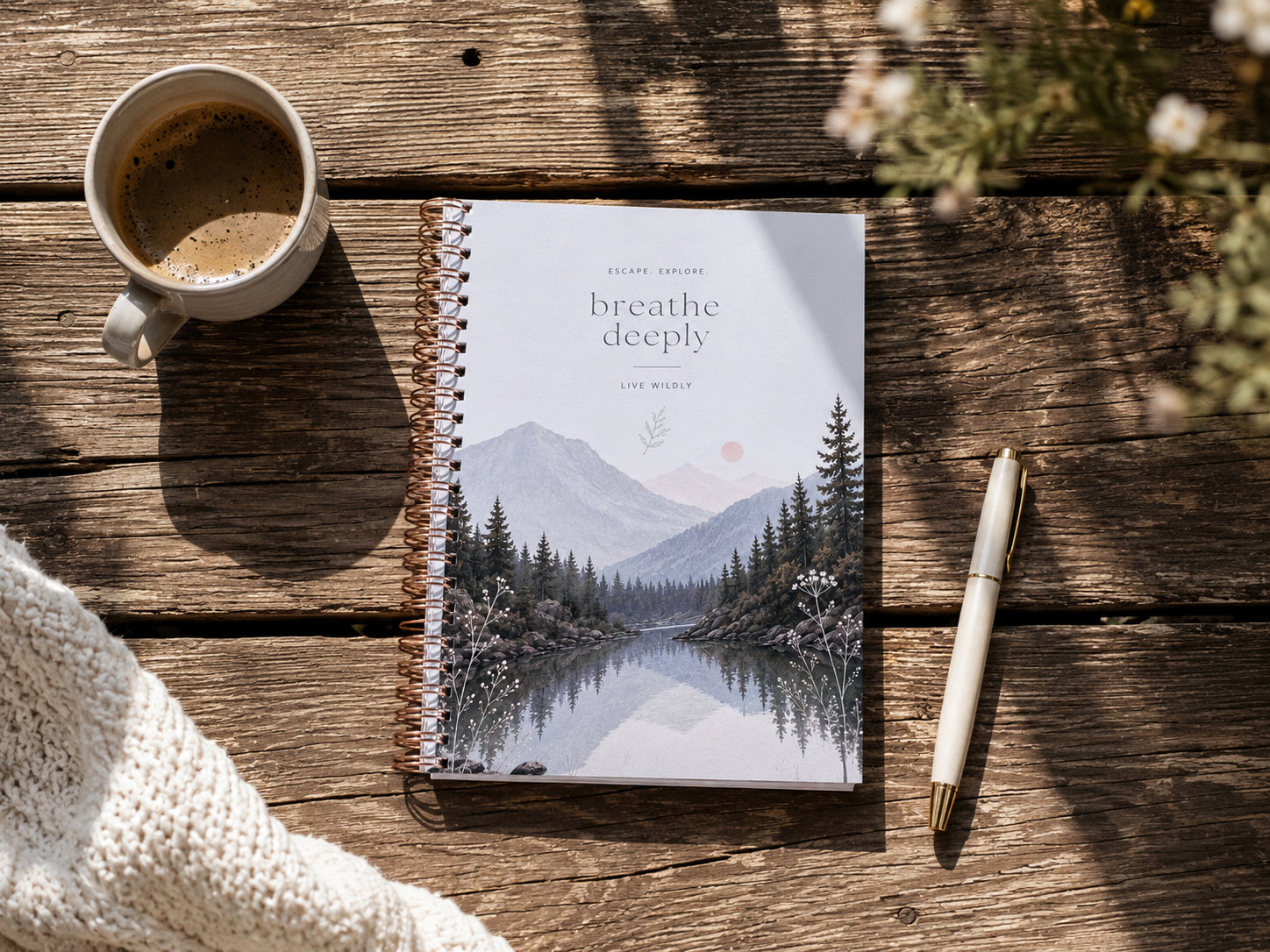 flat lay of notebook, pen, and coffee