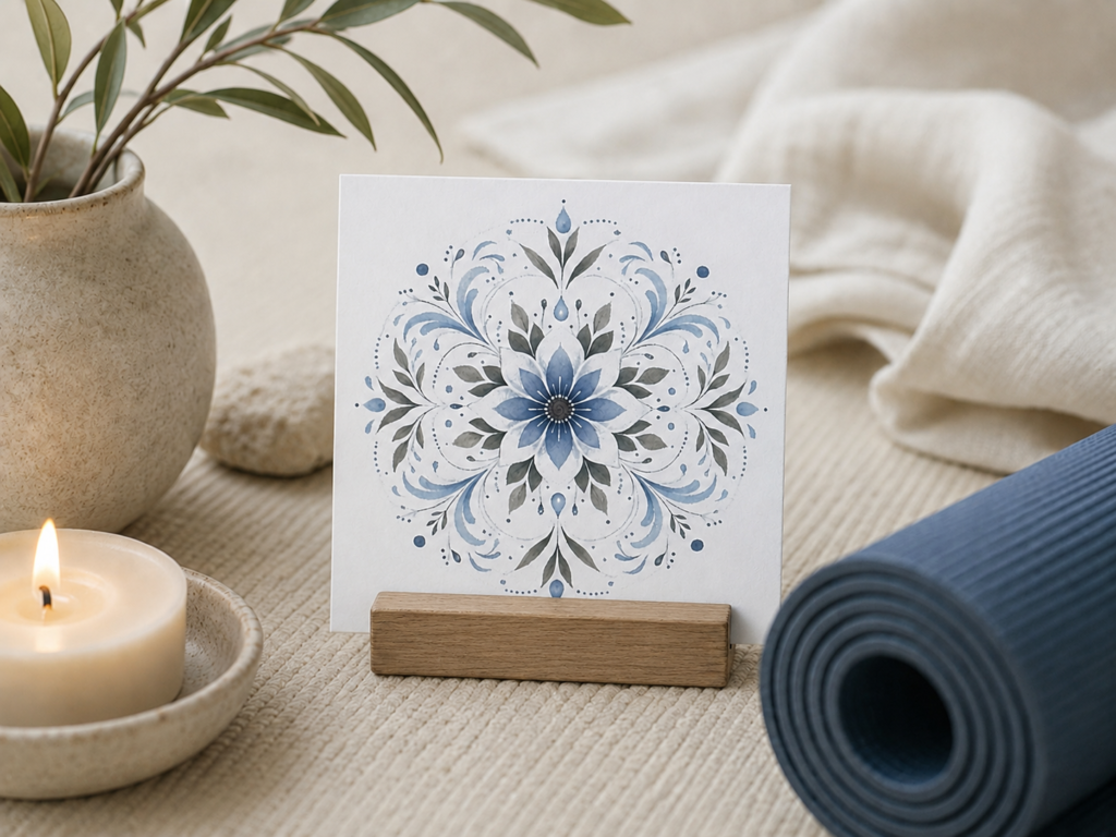 Stillwater 3x3 Drishti Card with blue floral mandala displayed on a wooden stand