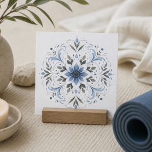 Stillwater 3x3 Drishti Card with blue floral mandala displayed on a wooden stand