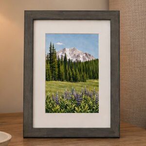 Mount Lassen art print with purple lupines and pine forest in a gray frame