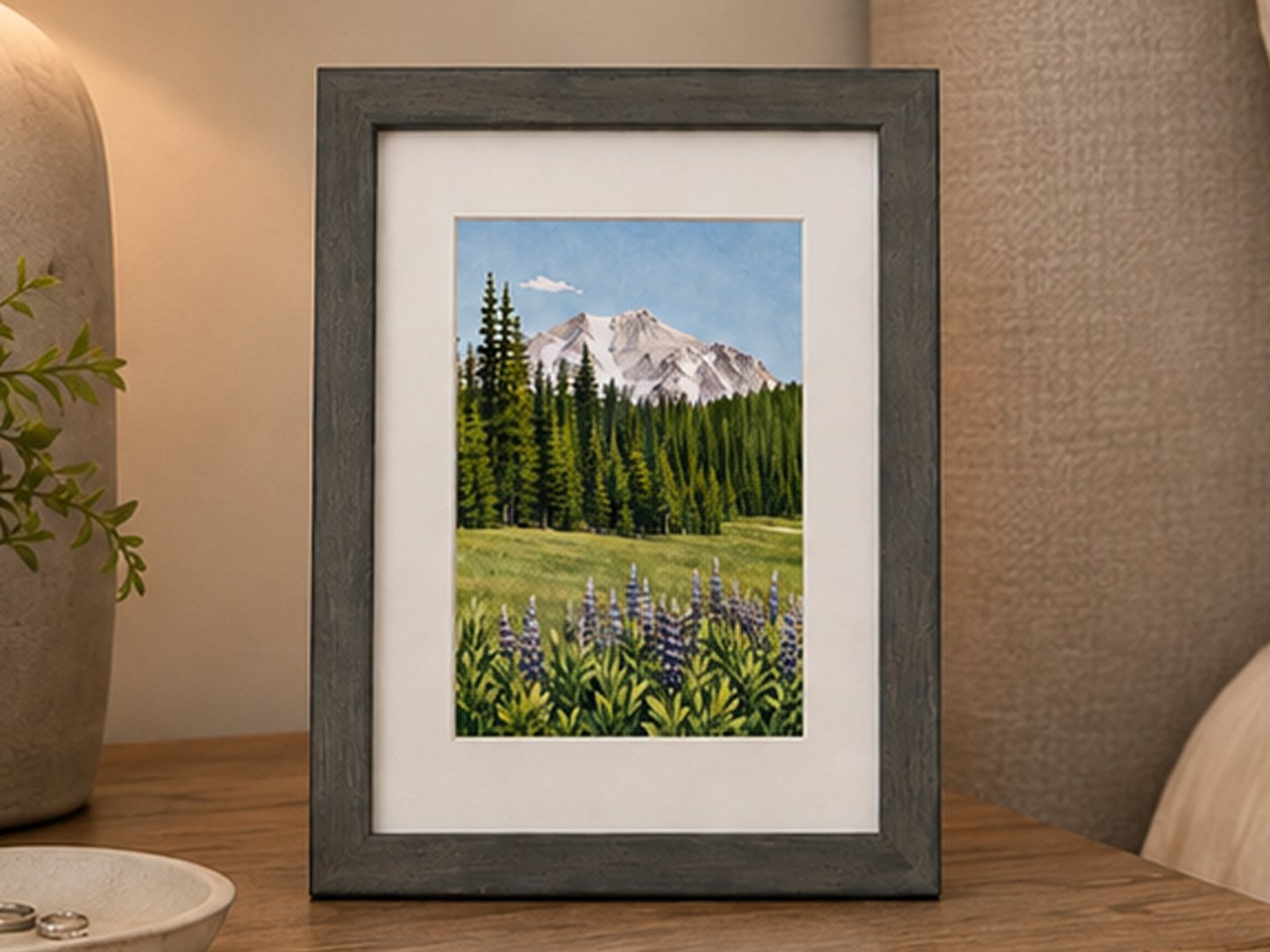 Mount Lassen art print with purple lupines and pine forest in a gray frame