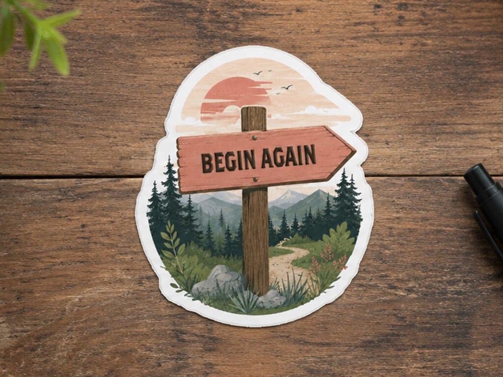 Begin Again mountain trail sticker displayed on a rustic wooden desk