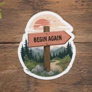Begin Again mountain trail sticker displayed on a rustic wooden desk
