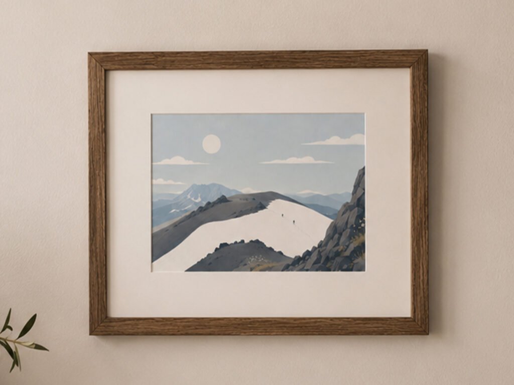 Framed Mount Lassen art print showing a snow-covered volcanic mountain ridge with tiny hikers crossing the summer snowfield, displayed in a rustic wood frame on a neutral wall.