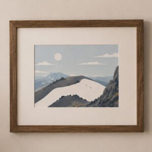 Framed Mount Lassen art print showing a snow-covered volcanic mountain ridge with tiny hikers crossing the summer snowfield, displayed in a rustic wood frame on a neutral wall.