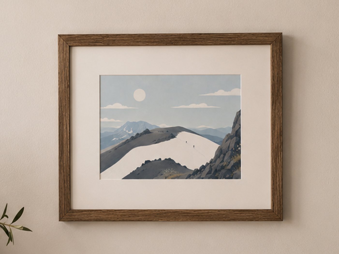 Framed Mount Lassen art print showing a snow-covered volcanic mountain ridge with tiny hikers crossing the summer snowfield, displayed in a rustic wood frame on a neutral wall.