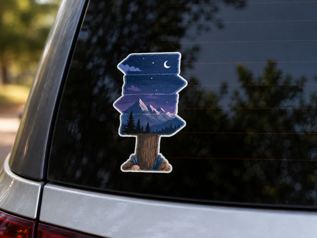 Mountains Trailhead mountain sticker displayed on the rear window of a vehicle