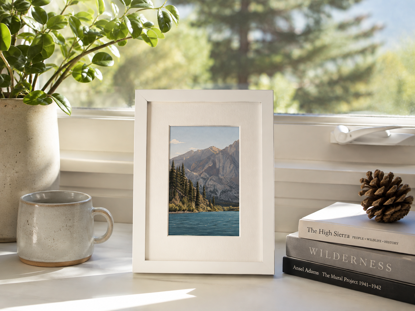 Convict Lake 4x6 art print featuring Eastern Sierra mountains, alpine lake, pine trees, and fishermen