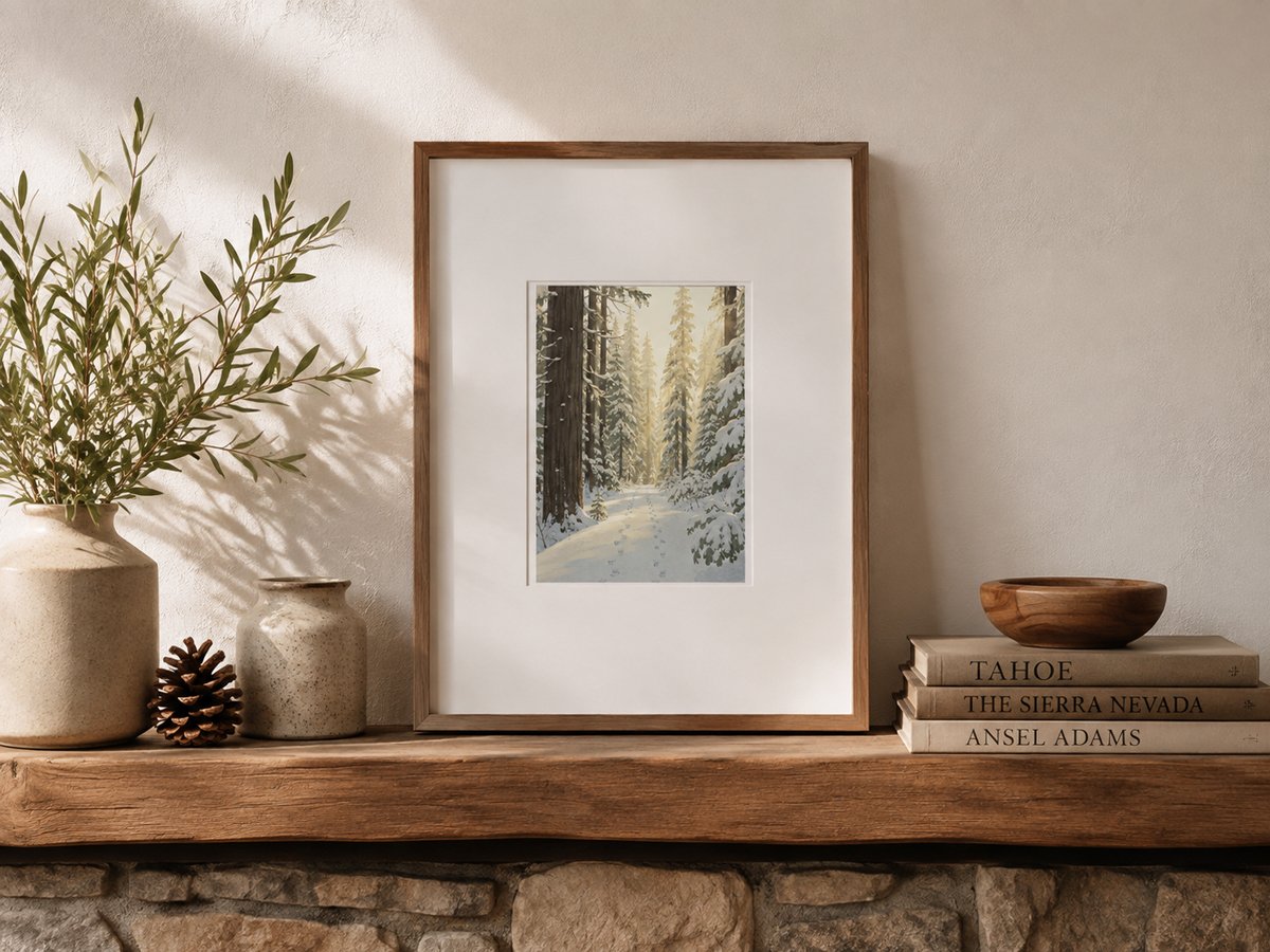 Framed 4x6 Yosemite winter trail art print showing a snowy forest path with footprints and towering pine trees