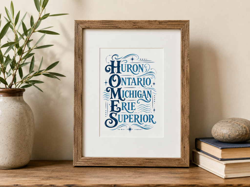 Framed 5x7 HOMES Great Lakes art print featuring Huron, Ontario, Michigan, Erie and Superior in blue typography