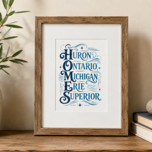 Framed 5x7 HOMES Great Lakes art print featuring Huron, Ontario, Michigan, Erie and Superior in blue typography