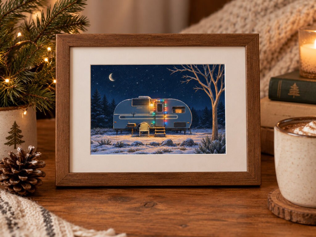Framed 5x7 Taos New Mexico Christmas Eve RV art print displayed in a cozy winter setting