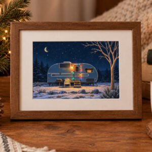 Framed 5x7 Taos New Mexico Christmas Eve RV art print displayed in a cozy winter setting